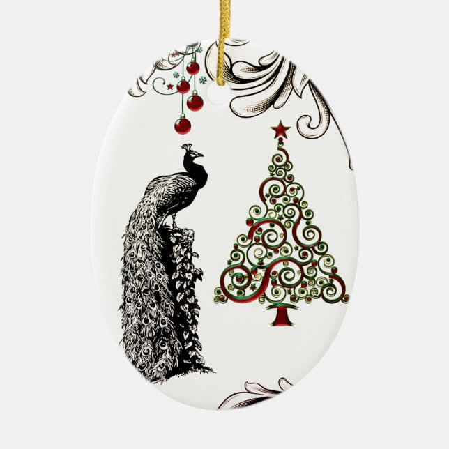 Personalized Peacock and Christmas Tree Holiday Ceramic Ornament (Front)