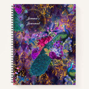 Personalized Peacock and Flowers on Purple Notebook