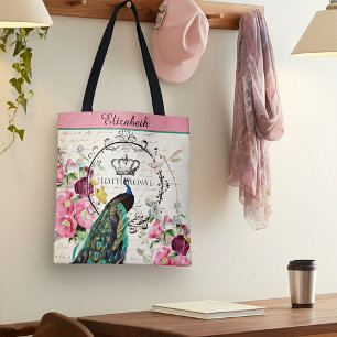Personalized Peacock and spring flowers tote bag