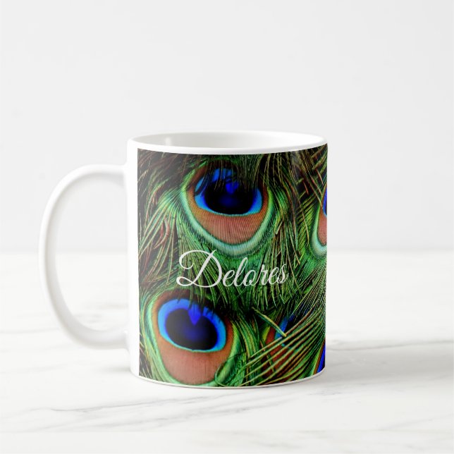 Personalized Peacock Feather Coffee Mug (Left)