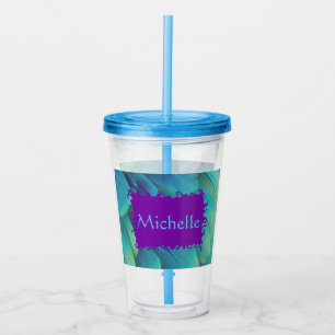 Personalized Peacock Feather Cup With Lid & Straw
