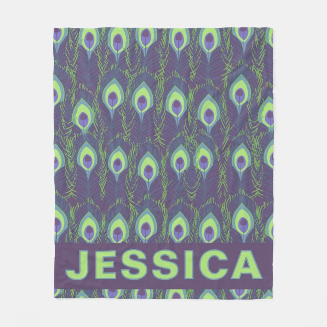 Personalized Peacock Feather Purple Lime Green Fleece Blanket (Front)