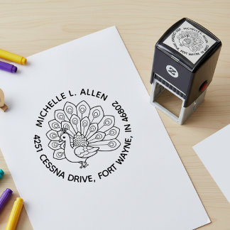 Personalized Peacock Round Return Address Self-inking Stamp