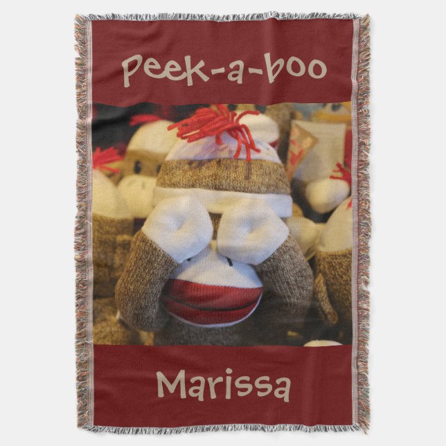 Personalized Peek-a-boo Sock Monkey Throw Blanket (Front Vertical)