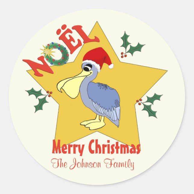 Personalized  Pelican Santa Star Christmas Classic Round Sticker (Front)