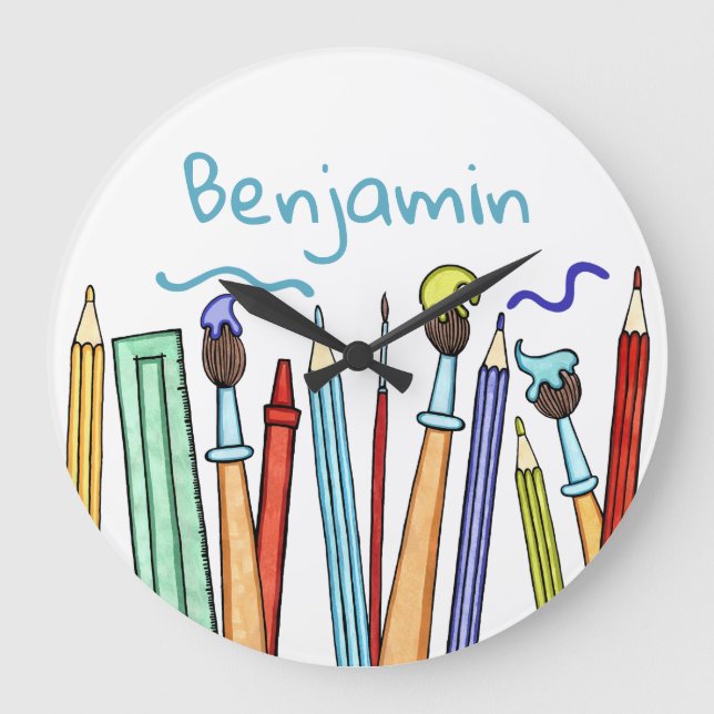 Personalized Pencils and Paintbrushes Artist's Large Clock (Front)