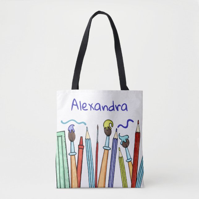 Personalized Pencils and Paintbrushes School Book Tote Bag (Front)