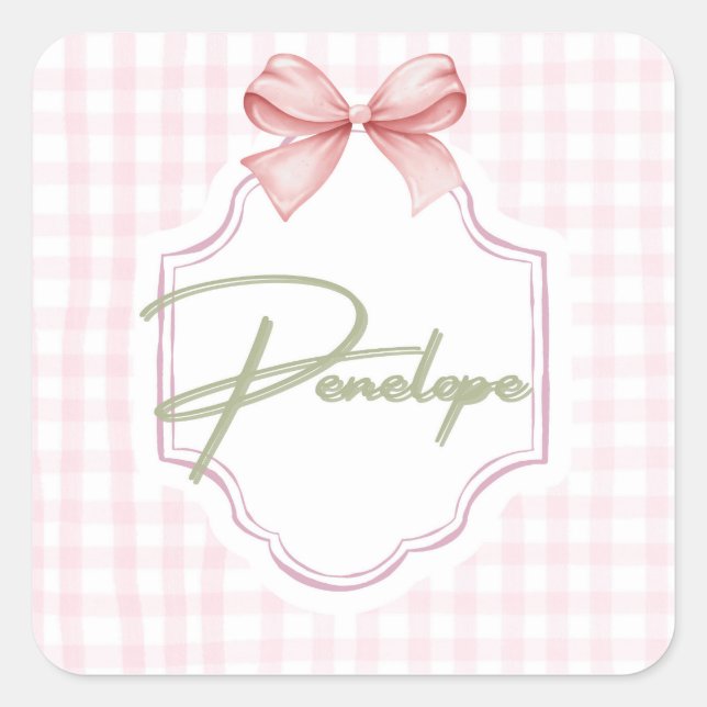 Personalized Penelope Baby Girl Nursery Gingham  Square Sticker (Front)