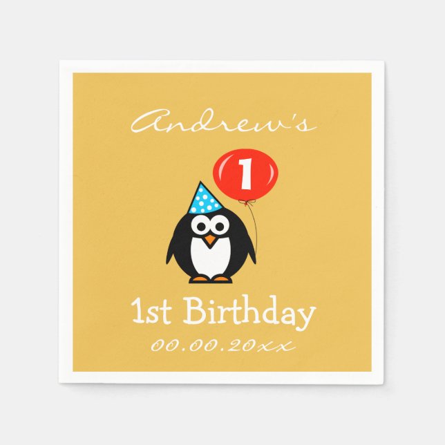 Personalized penguin 1st Birthday party napkins (Front)