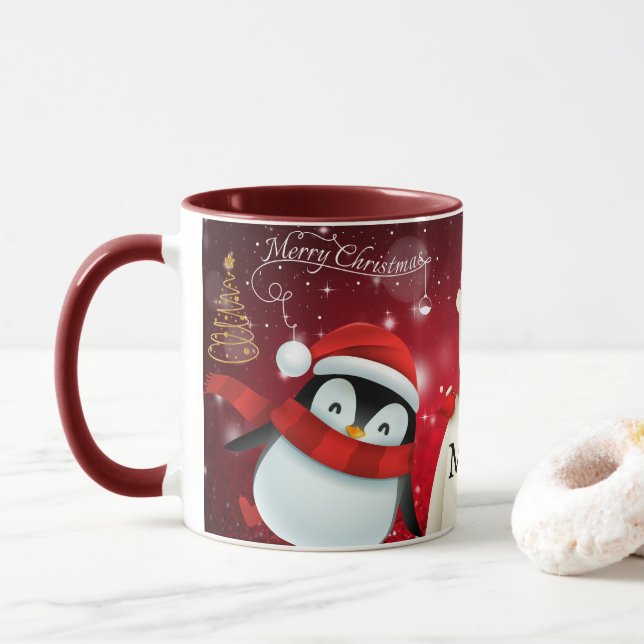 PERSONALIZED PENGUIN & BEAR MERRY CHRISTMAS COFFEE MUG (With Donut)