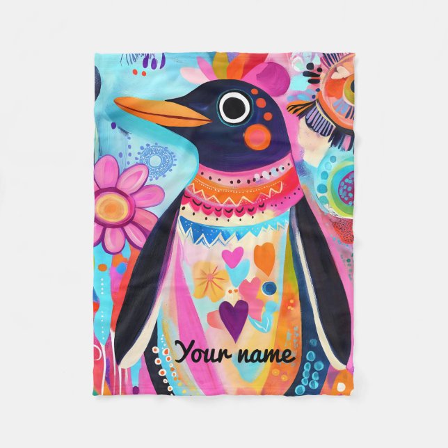 Personalized Penguin Blanket: Colorful Arctic  Fleece Blanket (Front)