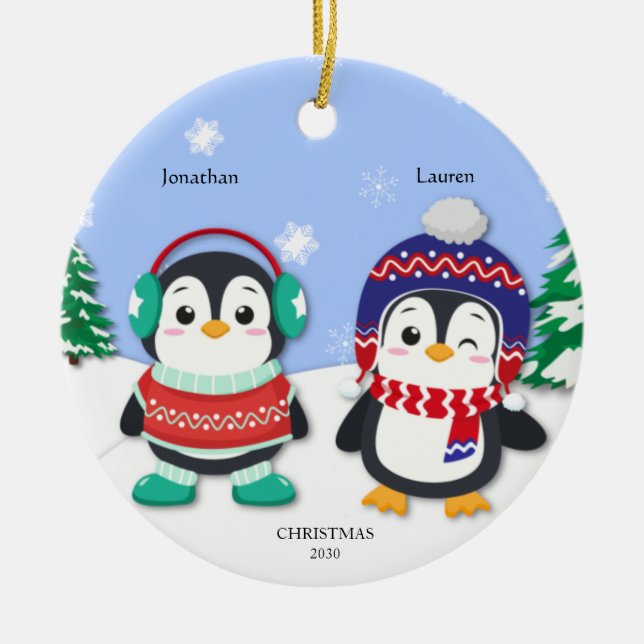 Personalized Penguin Boy and Girl Snow Scene  Ceramic Ornament (Front)