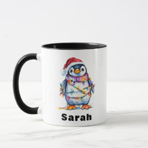 Personalized Penguin Christmas Lights Custom Name Mug