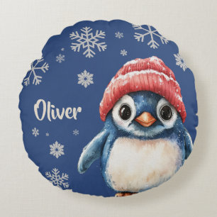 Personalized Penguin Christmas Snowflake Round Pillow
