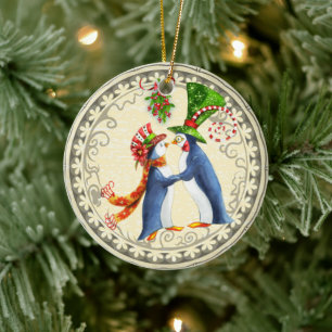 Personalized Penguin Couple Under Mistletoe Love Ceramic Ornament
