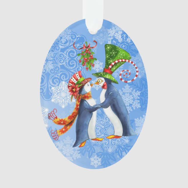 Personalized Penguin Couple Under the Mistletoe Ornament (Front)