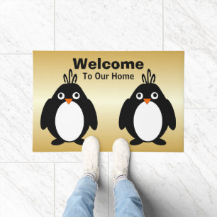 Personalized Penguin Design Gold Coloured Doormat