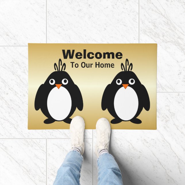 Personalized Penguin Design Gold Coloured Doormat (Indoor)
