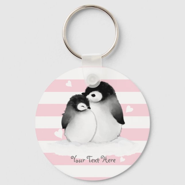 Personalized Penguin Heart Button Keychain Pink (Front)