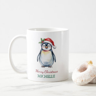 Personalized Penguin in Santa Hat Christmas Coffee Mug