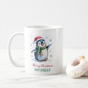 Personalized Penguin in Santa Hat Christmas Coffee Mug