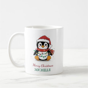 Personalized Penguin in Santa Hat Christmas Coffee Mug