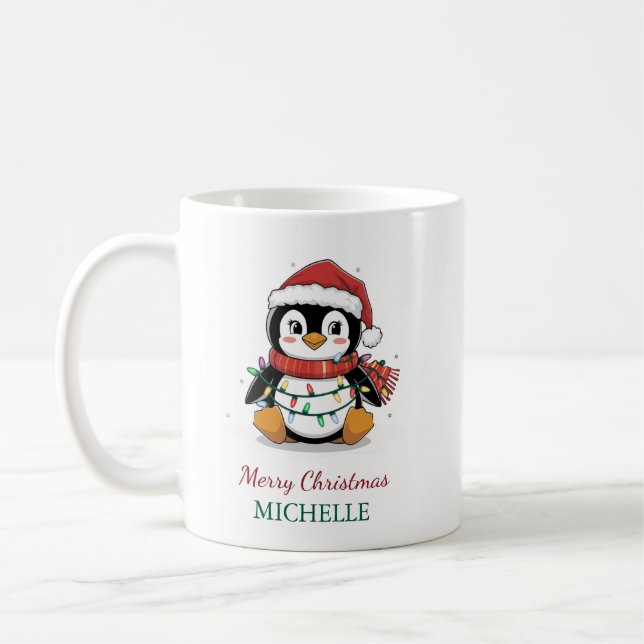 Personalized Penguin in Santa Hat Christmas        Coffee Mug (Left)