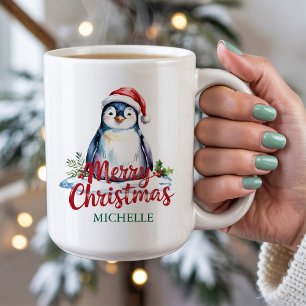 Personalized Penguin in Santa Hat Christmas Coffee Mug