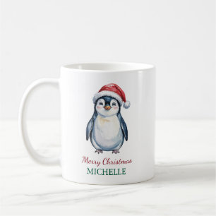 Personalized Penguin in Santa Hat Christmas Coffee Mug