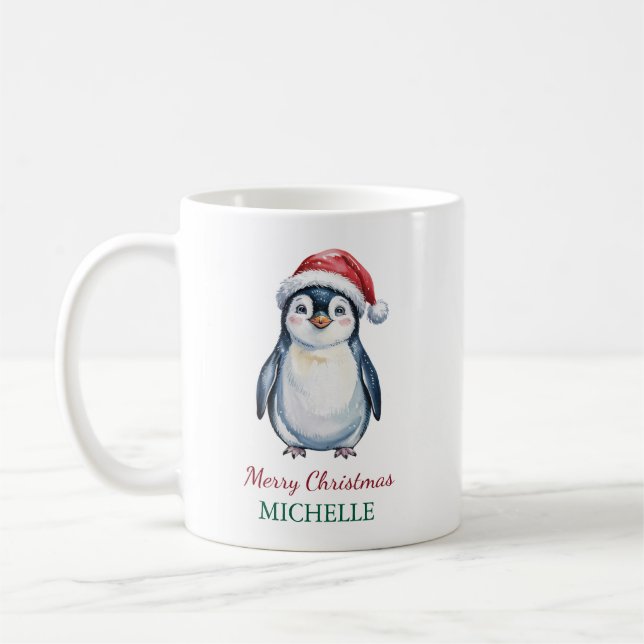 Personalized Penguin in Santa Hat Christmas        Coffee Mug (Left)