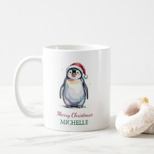 Personalized Penguin in Santa Hat Christmas Coffee Mug