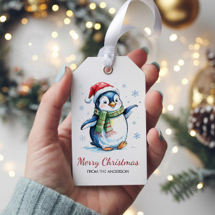 Personalized Penguin in Santa Hat Christmas Gift Tags