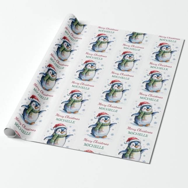 Personalized Penguin in Santa Hat Christmas        Wrapping Paper (Unrolled)