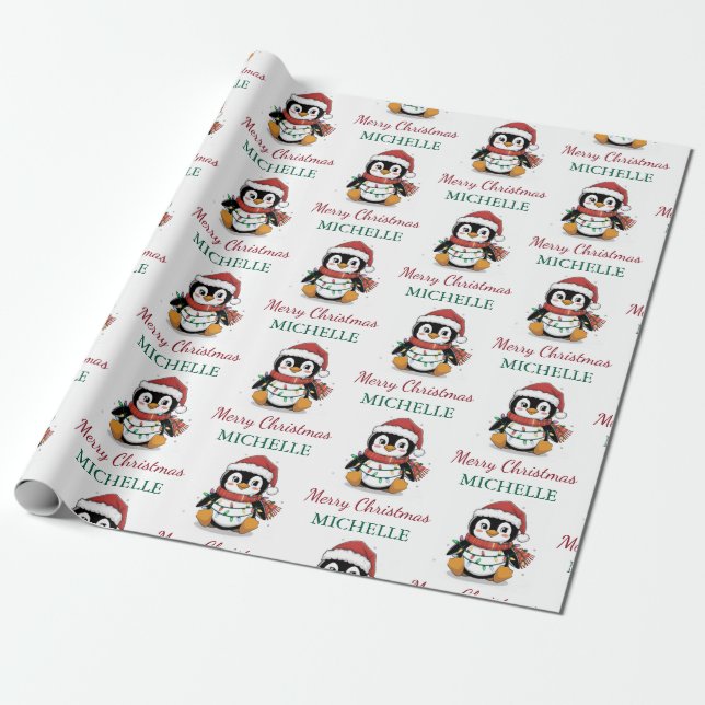Personalized Penguin in Santa Hat Christmas        Wrapping Paper (Unrolled)