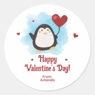 Personalized Penguin Valentine's Day Classic Round Sticker