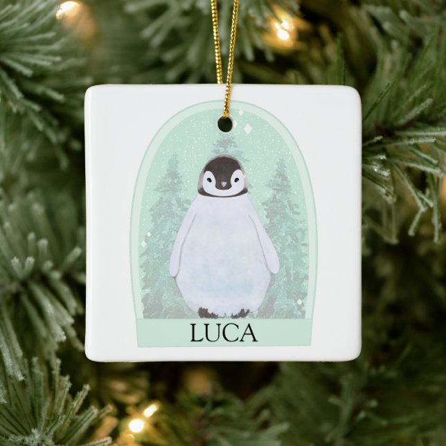 Personalized Penguin Watercolor Christmas Ornament (Tree)