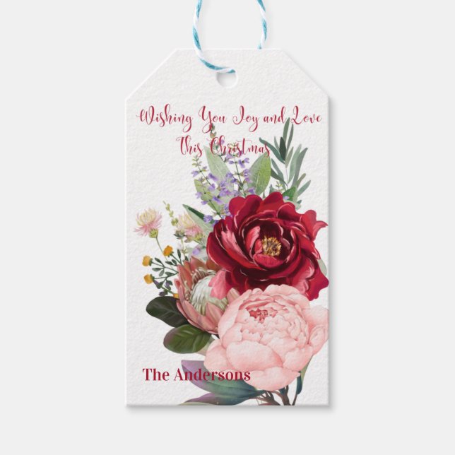 Personalized Peony Flower Christmas Gift Tags (Front)