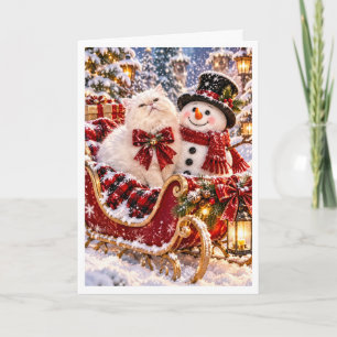 Personalized Persian Cat and Snowman Christmas Sle Holiday Card