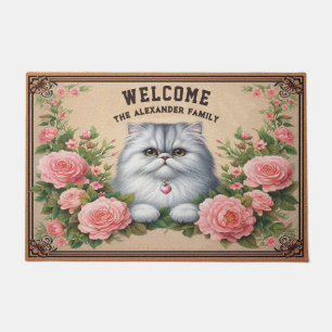 Personalized Persian Cat Stylish Floral Welcome Doormat