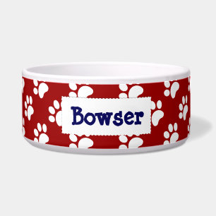 Personalized Pet Bowl, RW&B, Paw Prints, add Name
