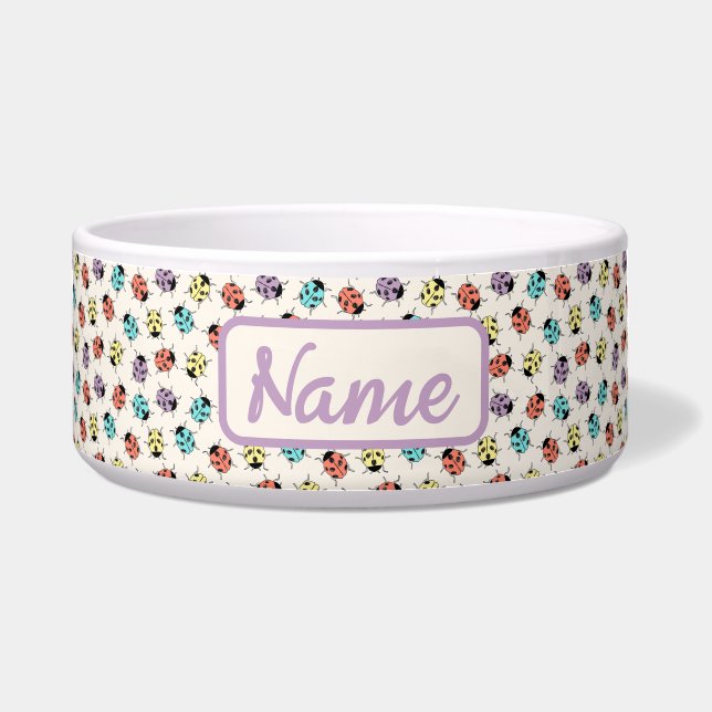 Personalized Pet Bowl with Colourful Ladybugs (Front)