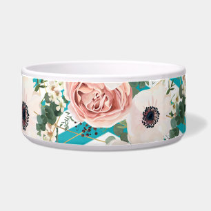 Personalized Pet Bowls Geometric Rose Chevron Teal