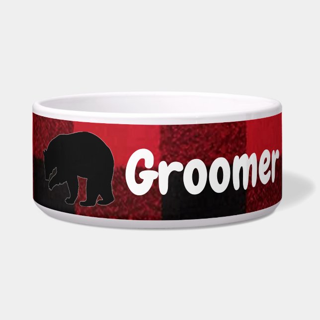 Personalized Pet Bowls Red Buffalo Plaid Bear Blac (Front)