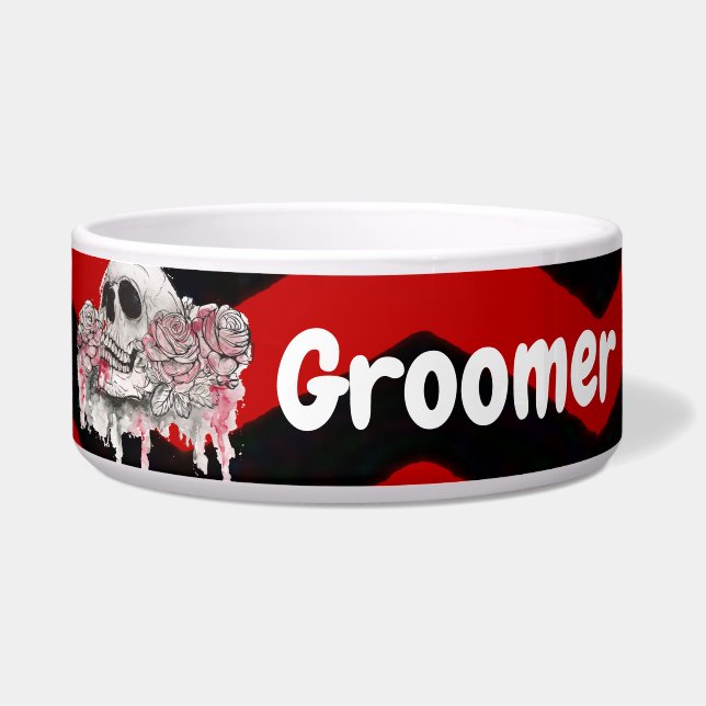 Personalized Pet Bowls skull Rose goth Chevron red (Front)