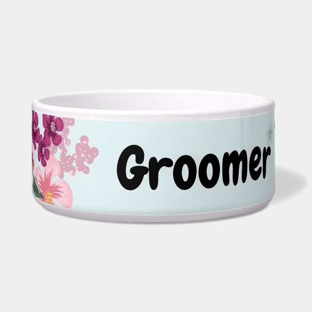 Personalized Pet Bowls Tropical Flower on Blue Omb (Front)