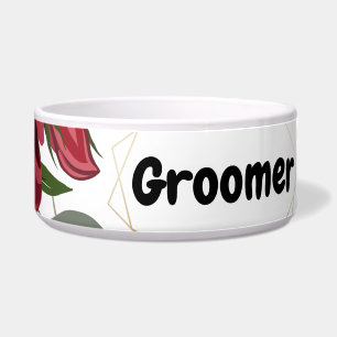 Personalized Pet Bowls White Roses Gold Geom