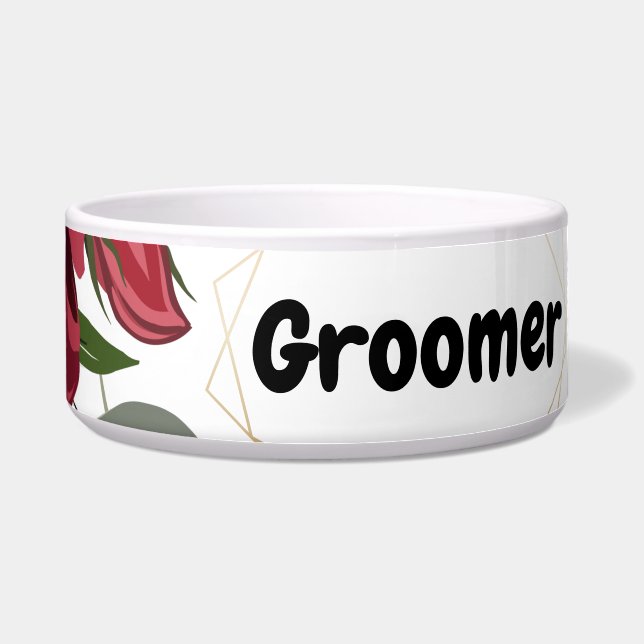 Personalized Pet Bowls White Roses Gold Geom (Front)