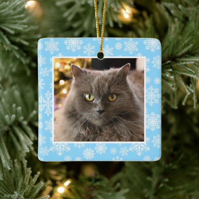 Personalized Pet Cat Dog Blue Snowflake Pattern Ceramic Ornament (Tree)