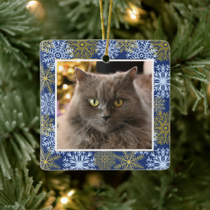Personalized Pet Cat Dog Blue Snowflakes Christmas Ceramic Ornament
