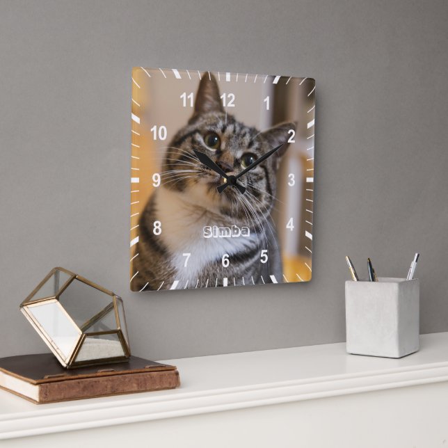 Personalized Pet Cat Dog Photo Name Square Wall Clock (Office)